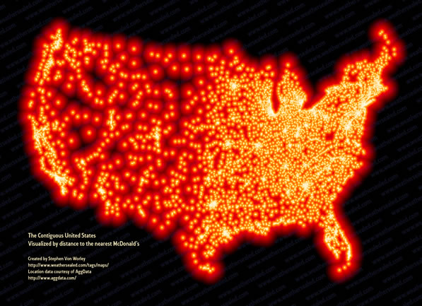 The contiguous United States, visualized by distance to the nearest McDonald's